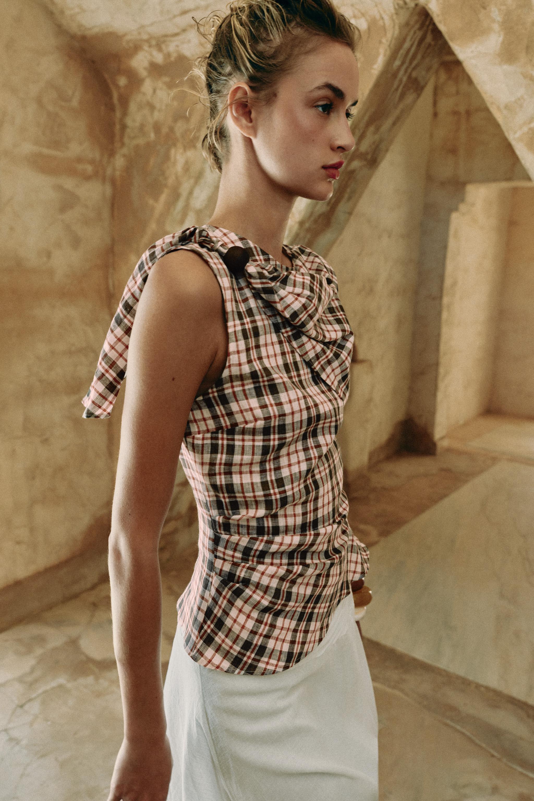 100% LINEN PLAID TOP